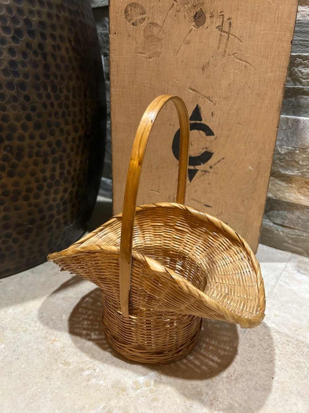 Vintage Handwoven Natural Wicker Bonnet Basket with Handle